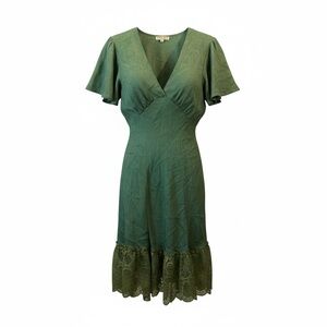 Green V-Neck Coquette Romantic Lace Trim MIDI Dress Size 8